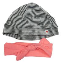 2set - Černo-šedá pruhovaná bavlněná čepice + neonově růžová čelenka