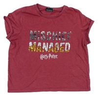 Vínové melírované crop tričko s nápisy z překlápěcích flitrů - Harry Potter zn. M&Co