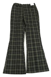 Nové - čierno-kaki-tmavohnedé kockované chino flare high waist nohavice H&M