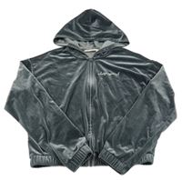 Tmavosivá zamatová prepínaci crop mikina s nápisom a kapucňou H&M