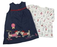 2Set - Tmavomodré melírované teplákové šaty s jezevčíky + bílé triko s obrázky - Londýn George