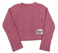 Růžovo-šedé melírované žebrované úpletové crop mikinotriko s nášivkou