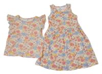 2Set - Pudrové šaty s kytičkami + crop tričko s volánky H&M