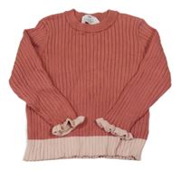 Skořicovo-pudrový rebrovaný úpletový sveter s volánikmi H&M