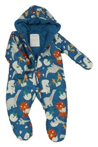 Petrolejová šusťáková zimní kombinéza s dinosaury a kapucí Mothercare