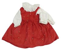 Nové - 3set - Červené manšestrové šaty s výšivkami + bílé perforované body s límečkem + punčocháče Next