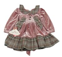 Nové - Starorůžovo-šedé sametovo/kostkované šaty s límečkem a knoflíky