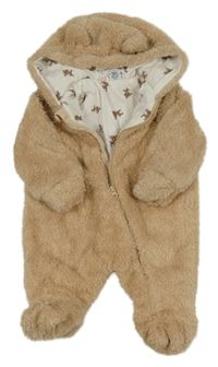 Béžová chlupatá podšitá kombinéza s kapucí s oušky Dopodopo