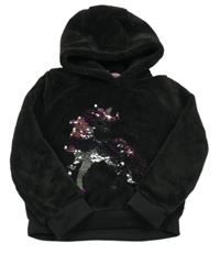 Čierna chlpatá mikina s jednorožcem z překlápěcích flitrů a kapucňou Kiki&Koko