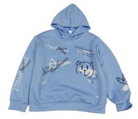 Svetlomodrá mikina s medvěďom s nápismi a kapucňou Shein
