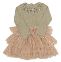 Béžovo-růžové bavlněno/tylové šaty s hvězdami z flitrů a pruhy