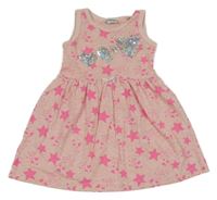 Ružové melírované bavlnené šaty so srdíčky z flitrů a hviezdami