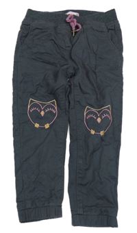 Antracitové plátěné podšité cuff kalhoty se sovami a úpletovým pasem Cool Club