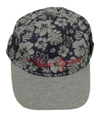 Tmavomodro-šedá kšiltovka s květinami a nápisem