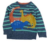 Tmaovmodro-zelený pruhovaný sveter s dinosaurami Nutmeg