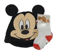 2 set - čierna bavlnená čapica s Mickeym + bielo-červené ponožky