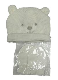 2 set - biela pletená čapica s medvědem + bílé bavlněné rukavice
