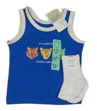 Nové - 2 set - bílé ponožky + modrý nátělník s šelmičkami 