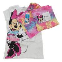 Nové - 3 set - bílé tričko s Minnie + barevné kraťasy + barevný bavlněný sáček Disney