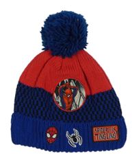 Modro-červená pletená podšitá čepice se Spidermanem a bambulí 