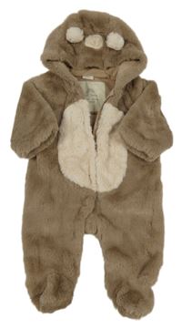 Hnedo-smotanová kožušinová podšitá kombinéza s kapucí - medvěď Next