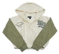 Smetanovo-khaki prepínaci crop mikina s nápismi a kapucňou New Look