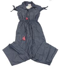 Nové - Šedomodrý lehký kalhotový overal riflového vzhledu 