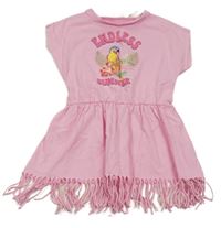 Svetloružové šaty s papouškem a strapcemi