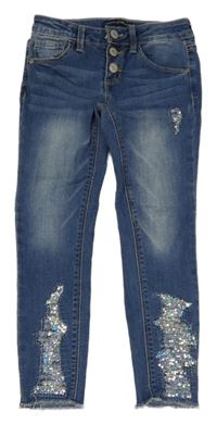 Tmavomodré teplákové skinny rifle s flitry 