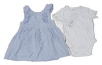 Nové - 2set - Světlemodré mušelínové šaty s madeirou + bílé žebrované body F&F