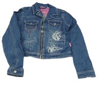 Modrá rifľová crop bunda s potlačou