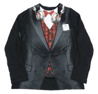 Černo-šedé triko s vestou, košilí a sluchátky C&A