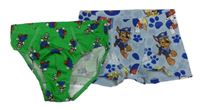 2 set - modré boxerky s Tlapkovou Patrolou + zelené slipy se Super Mariem 