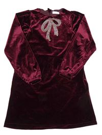 Vínové zamatové šaty s mašlí z kamínků