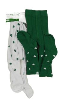 Nové - 2x punčocháče - zelené so čtyřlístky + bílé so srdiečkami