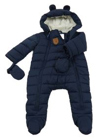 Tmavomodrá šusťáková prošívaná zimní kombinéza s kapucí + rukavice
