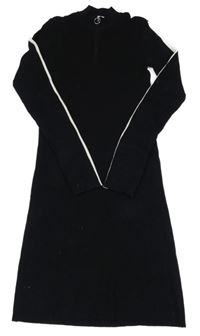 Čierne pletené rebrované šaty s bielým pruhom a zipsom C&A