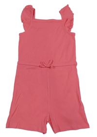 Růžový žebrovaný kraťasový overal s volánkovými rukávy Primark