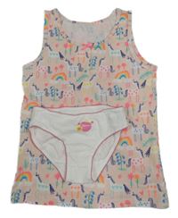 2Set - Světlerůžová košilka s jednorožci + bílé kalhotky s jablíčkem