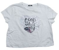 Biele crop tričko s nápisem z překlápěcích flitrů Kylie