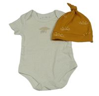 2set - Biele bodkované body + horčicová čapica