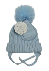 Nové - Světlemodrá pletená čepice s bambulí + rukavice Pure Baby