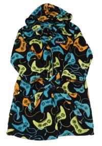 Černý chlupatý župan s ovladači a kapucí 