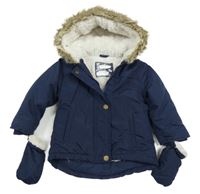 Tmavomodrá šusťáková zimní bunda s kapucí + rukavice 