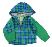 Zeleno-modrá kostkovaná šusťáková jarní bunda s kapucí Topomini 