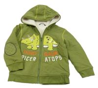 Olivová propínací zateplená mikina s dinosaurem a kapucí George 