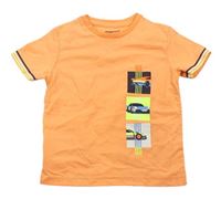 Neonově oranžové melírované tričko s auty a pruhy mayoral