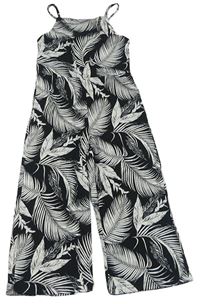 Čierno-biely rebrovaný nohavicový culottes overal s lístečky H&M