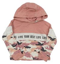 Pudrovo-bílo-army oversize crop mikina s nápisom a kapucňou F&F