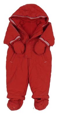 Červená prešívaná šušťáková zimná kombinéza s pruhmi a kapucí + rukavice a cápačky Mothercare
